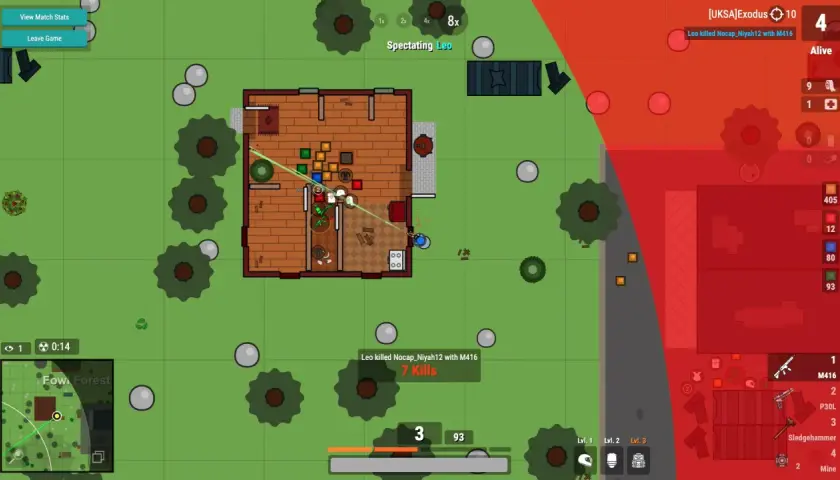 Gracz Leo w grze surviv.io walczy w domu, ma 7 zabójstw i M416. Czerwona strefa zbliża się.