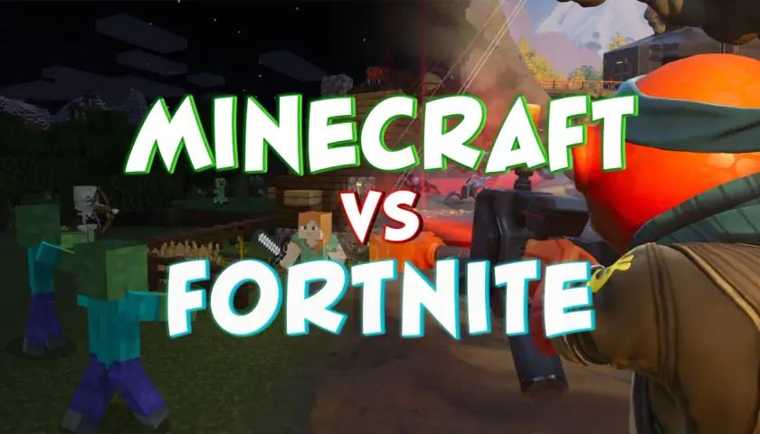 Minecraft kontra Fortnite – starcie dwóch najpopularniejszych gier na świecie. Zombiaki i szkielety z Minecrafta mierzą się z postacią z Fortnite.