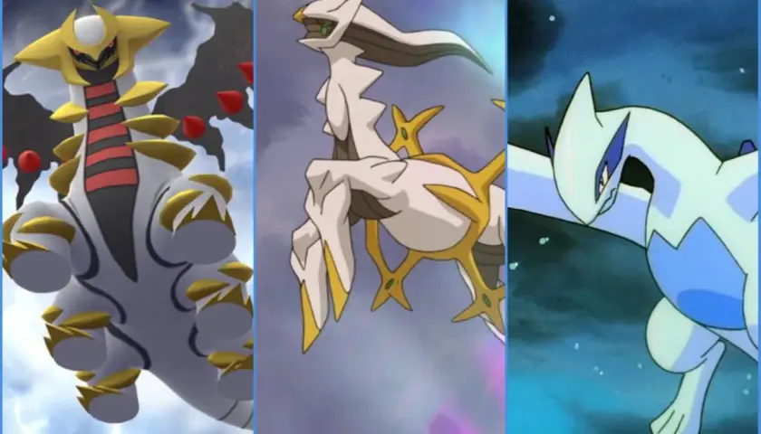 Giratina, Arceus i Lugia – najsilniejsze pokemony, gotowe do walki.