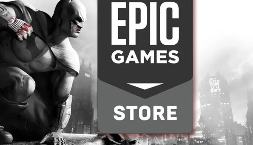 Batman na dachu, obok logo Epic Games Store. Sprawdź, jakie **epic games darmowe gry** czekają na Ciebie!