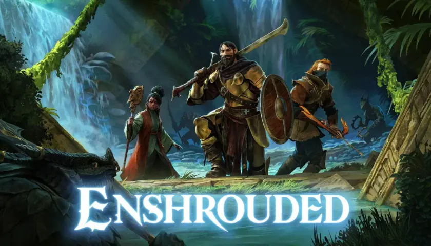 Enshrouded: trzej bohaterowie, wojownik, łucznik i czarodziejka, przygotowują się do walki w mistycznej dżungli.