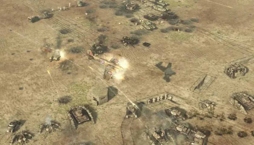 Samolot atakuje czołg na pustyni. W tle widać inne pojazdy i żołnierzy. To intensywny desert strike.