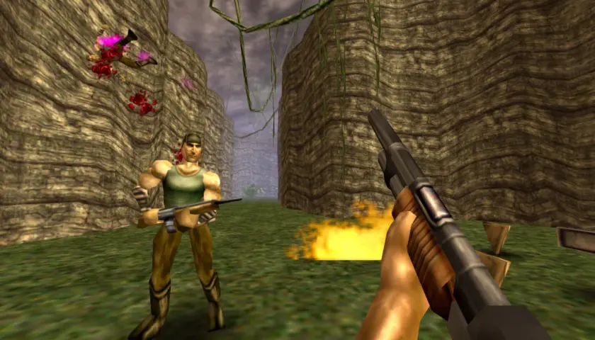 Turok walczy z wrogami w dżungli, strzelając z broni.