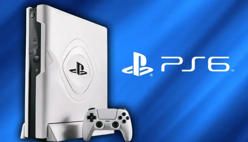 Biała konsola i kontroler PlayStation 6 na niebieskim tle. Marzenie gracza o przyszłości.