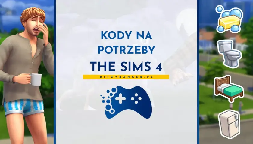 Kody na potrzeby The Sims 4. Zmęczony Sim z kubkiem kawy i ikony potrzeb: higiena, toaleta, sen, lodówka.