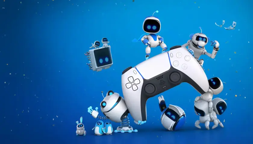 Urocze roboty świętują z kontrolerem PS5, sugerując radość z darmowych gier na PS5.