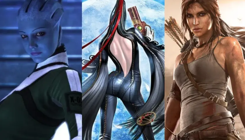 Trzy ikoniczne postacie z gier: niebieskoskóra Liara T'Soni, seksowna Bayonetta z pistoletami i Lara Croft w pełnej gotowości bojowej.