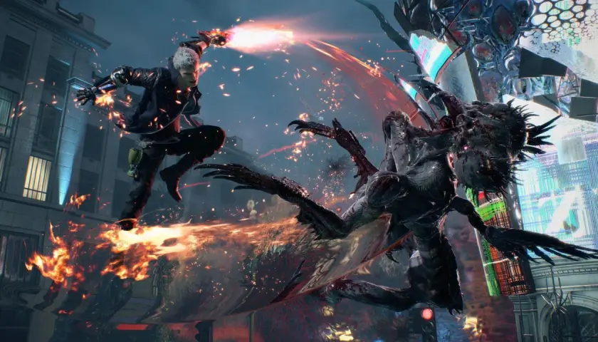 Nero w powietrzu, strzelając z ręki, walczy z potworem w mieście. Wygląda jak scena z Devil May Cry 6.