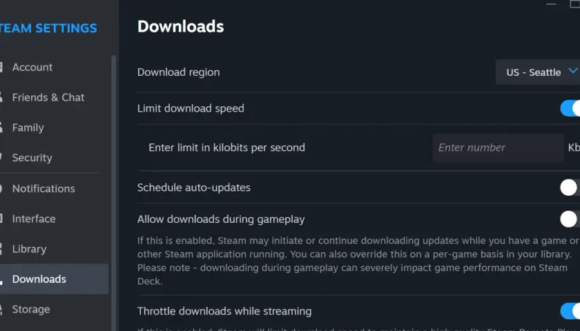 Ustawienia pobierania na Steam. Zmień region pobierania i wyłącz limit prędkości, by przyśpieszyć pobieranie na Steam.