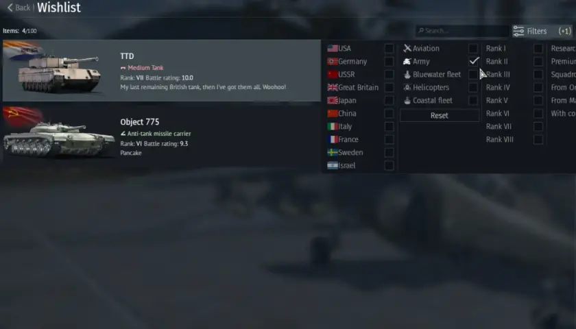 Lista życzeń: TTD (czołg średni, Ranga VII) i Object 775 (niszczyciel czołgów, Ranga VI).