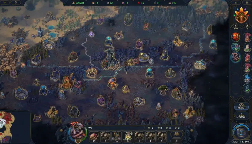Mapa strategiczna w grze heroes gra, pełna zamków, osad i magicznych budowli. Gracze zarządzają zasobami i armiami.