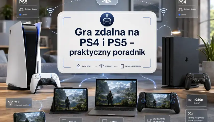 Konsola PS5 i PS4, kontrolery, laptop, tablet i smartfon pokazują możliwości gry zdalnej.
