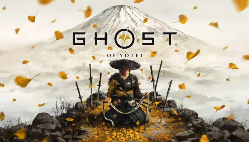 Samuraj w tradycyjnym stroju, otoczony mieczami, na tle gór i spadających liści. Zapowiedź Ghost of Tsushima 2.