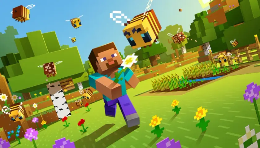 Steve z Minecrafta zbiera kwiaty, otoczony przez pszczoły. Może to być inspiracja do tworzenia własnych komendy Minecraft.