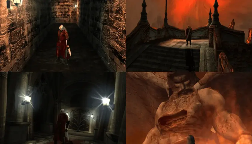 Dante w czerwonym płaszczu przemierza mroczne korytarze i staje przed gigantycznym posągiem w świecie Devil May Cry 1.