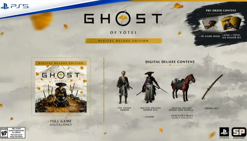 Ghost of Yōtei PC Digital Deluxe Edition: zbroja, koń, mapa, maska i zestaw awatarów.