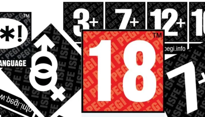 Kolaż z symbolami PEGI: @*! (wulgaryzmy), symbole płci, wiek 3+, 7+, 12+, 16+, 18+.