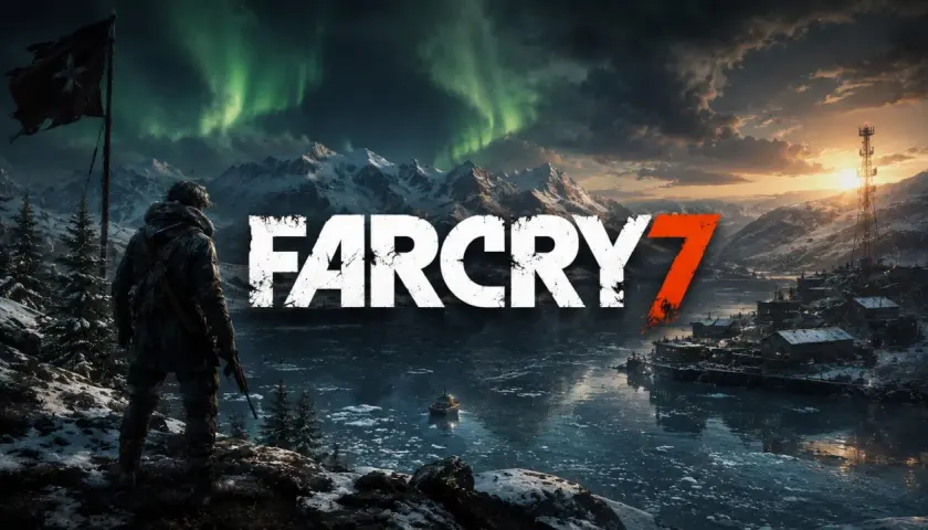 Postać z bronią patrzy na zorzę polarną nad zamarzniętym jeziorem i ośnieżonymi górami. Napis "FAR CRY 7" dominuje w centrum.