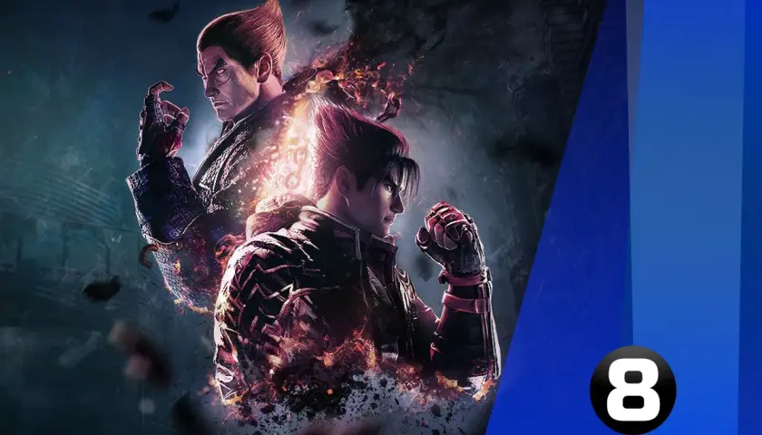 Dwóch wojowników z gry Tekken, Jin Kazama i Kazuya Mishima, otoczonych płomieniami i mroczną energią.