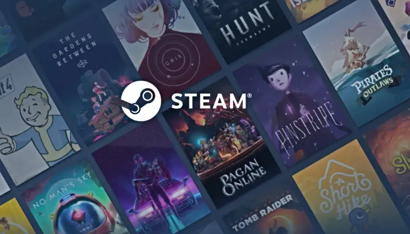 Logo Steam i kolaż okładek gier komputerowych.