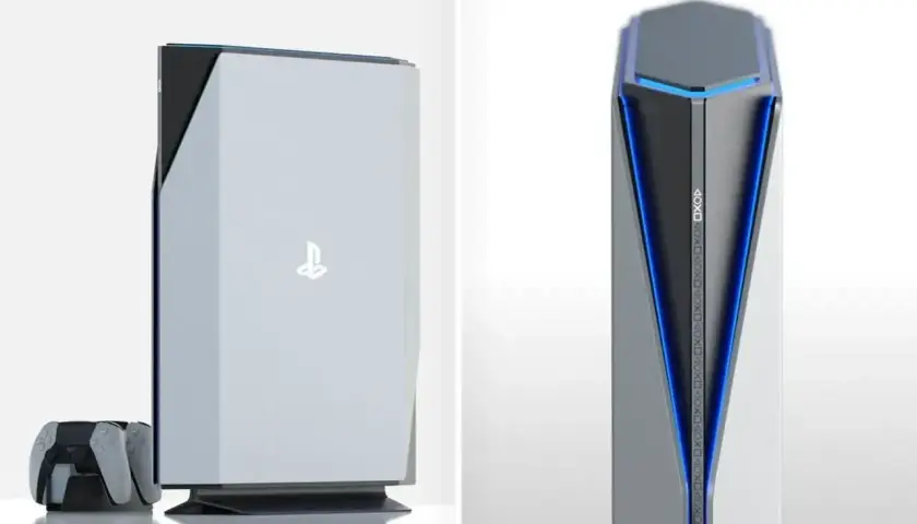 Futurystyczna konsola PlayStation 7 w białej obudowie z niebieskimi akcentami i kontrolerem.