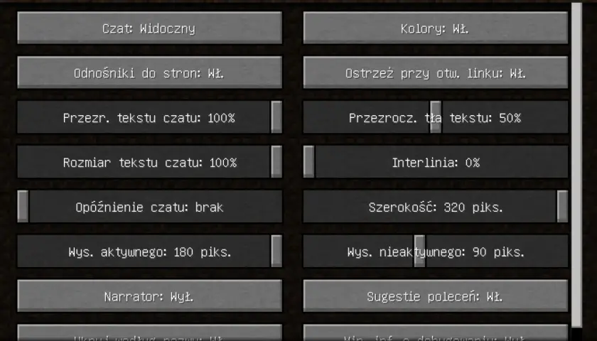 Ustawienia czatu w Minecraft. Aby wyłączyć narratora, znajdź opcję "Narrator: Wył." i kliknij.