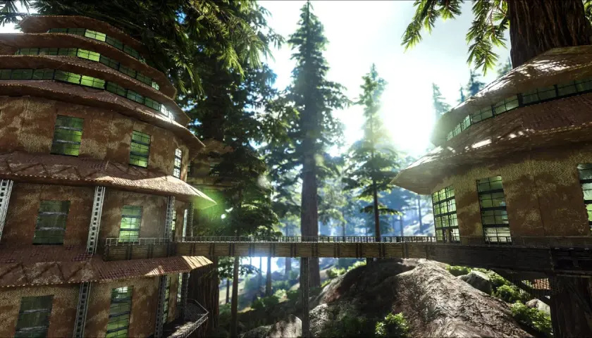 Wysokie, wielopoziomowe budowle w lesie, połączone kładką. Idealne dla graczy spełniających ark survival evolved wymagania.