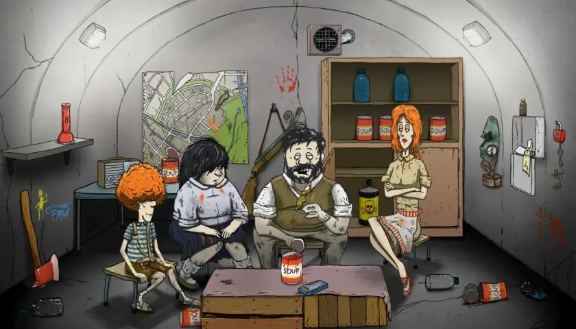 Rodzina w schronie, otoczona zapasami i mapą, przygotowuje się na trudne czasy. Klimat przypomina gry indie o przetrwaniu.