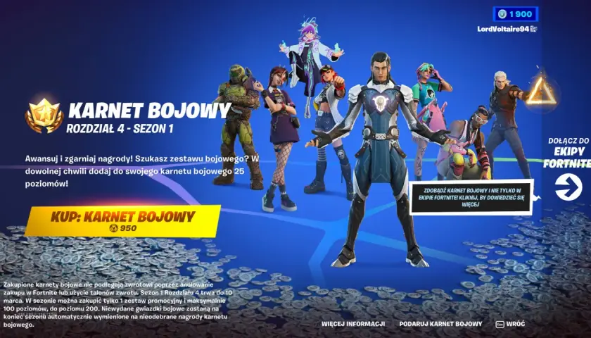 Postacie z Fortnite prezentują karnet bojowy. Kup go za 950 V-dolców i odblokuj nagrody!