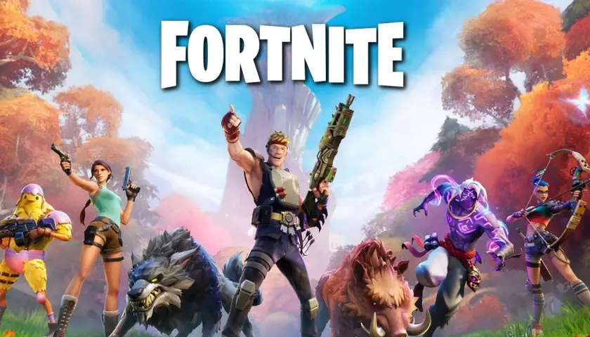 Postać z gry Fortnite, która odpowiada na pytanie, ile waży Fortnite, stoi obok wilka i dzika.