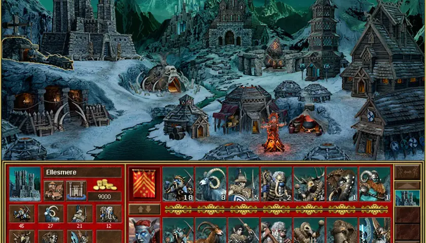 Nowy zamek Heroes 3 w zimowej scenerii. Widać budynki, wojska i zasoby.