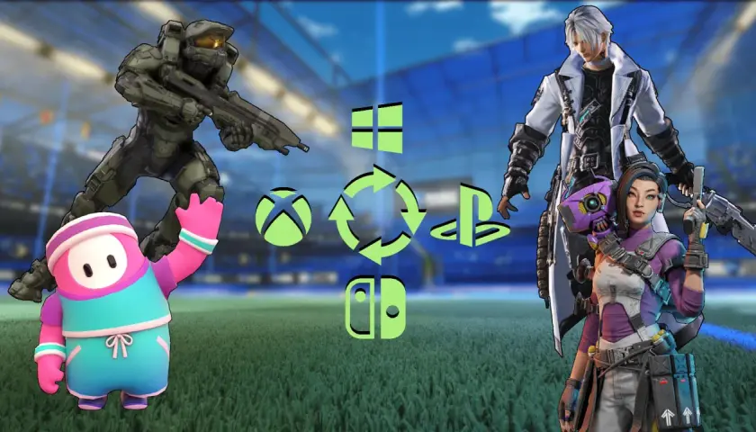Postacie z gier, ikony konsol i symbol crossplay. Mistrz, Fall Guy, postacie z Final Fantasy i Apex Legends.