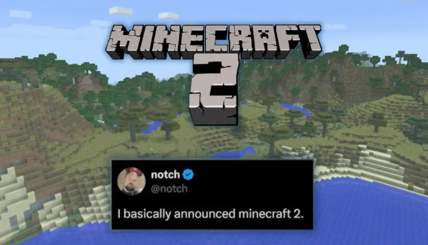 Grafika z napisem "MINECRAFT 2" i tweetem Notch'a: "I basically announced minecraft 2." na tle krajobrazu z gry.