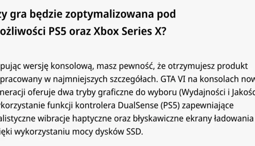 Optymalizacja GTA VI na PS5 i Xbox Series X. Premiera gry w 2026 roku zaoferuje tryby graficzne, wibracje haptyczne i szybkie ładowanie.
