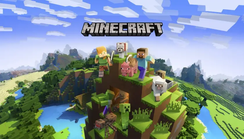 Steve, Alex, zwierzęta i potwory na tle kanciastych gór i rzeki. Pod nimi solidny **bedrock**.