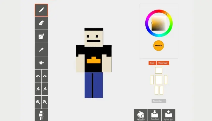 Edytor skórek do Minecraft. Zobacz, jak zmienić skina w Minecraft, korzystając z narzędzi do malowania i wyboru kolorów.