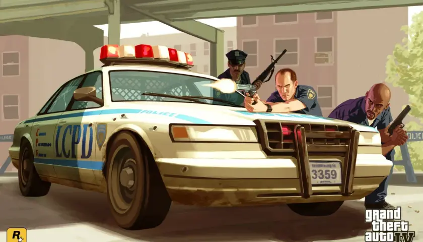 Policjanci z LCPD w akcji, gotowi do strzału. Może szukają sposobu na **GTA 4 kody**?