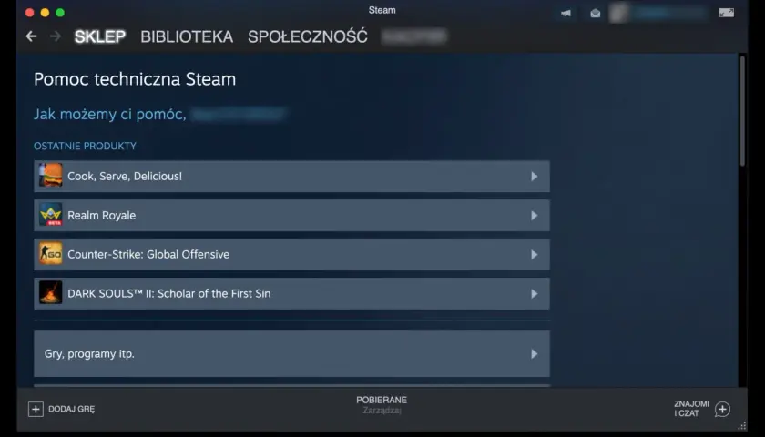 Pomoc techniczna Steam. Jeśli chcesz wiedzieć, jak zwrócić grę na Steam, sprawdź listę ostatnich produktów.