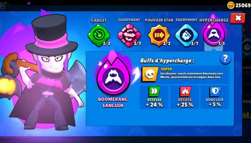 Mortis w grze Brawl Stars, z jego charakterystycznym cylindrem i kosą. Posiada ulepszenia i superzdolność "Krwawy Bumerang".