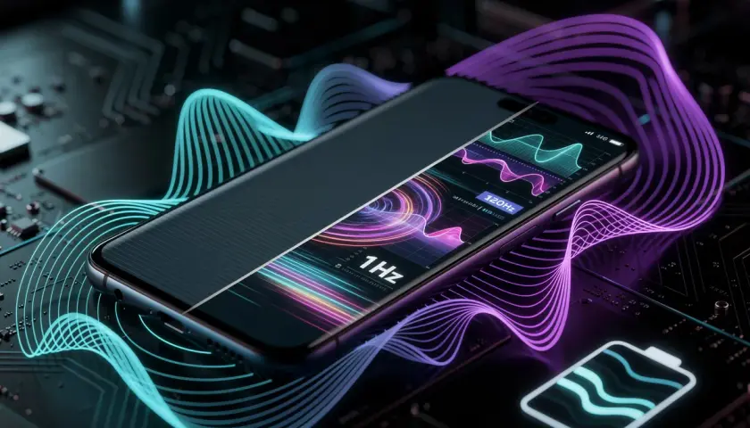 Nowy smartfon z ekranem 120Hz, otoczony falami energii. Wskaźnik baterii pokazuje szybkie ładowanie.
