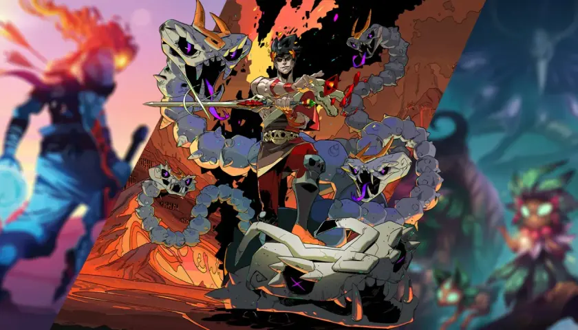 Zagreusz z Hadesa walczy z kamiennymi wężami, obok postaci z Dead Cells i League of Legends. To kolaż z gier typu roguelike.