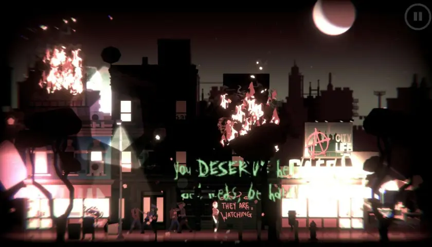 Nocne miasto w ogniu, z napisem "You deserve hell" jako headliner. W tle księżyc i znak "City Life".