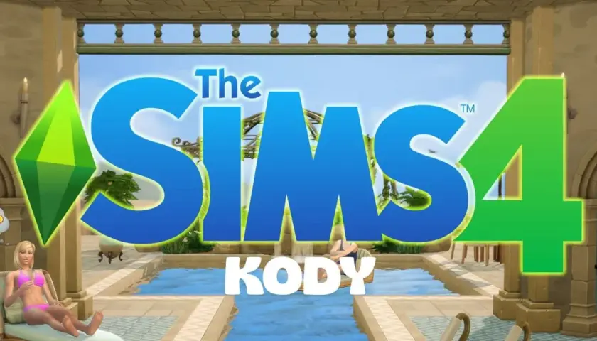 The Sims 4 z napisami "Kody". W tle basen i wypoczywające Simki.