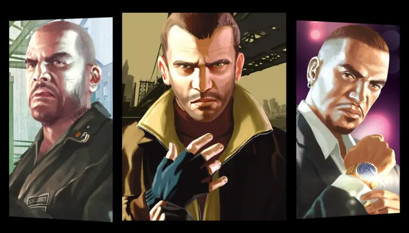 Trzech bohaterów z gry GTA 4, Niko, Roman i Johnny, w stylu GTA 4 remaster.