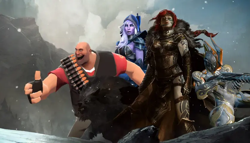 Postacie z gier, w tym Heavy z Team Fortress 2, sugerują, że warto szukać darmowych gier na Steam.