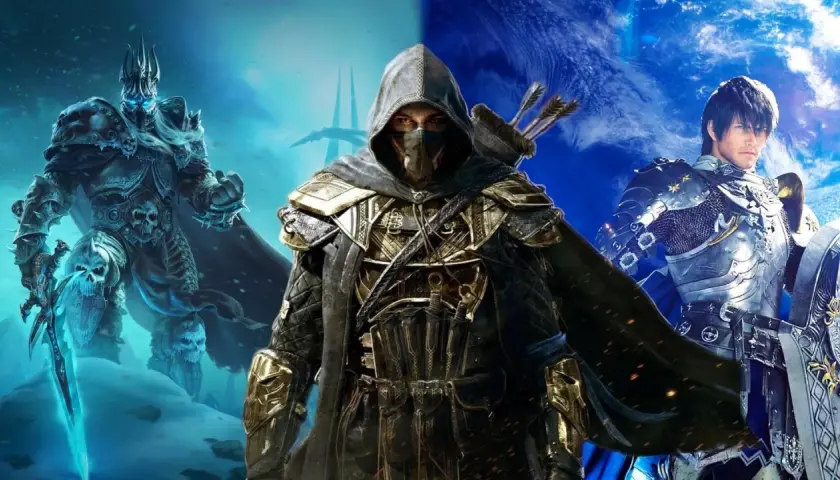 Trzech bohaterów z gier mmorpg: mroczny władca z lodowym mieczem, tajemniczy łucznik w kapturze i rycerz w lśniącej zbroi.