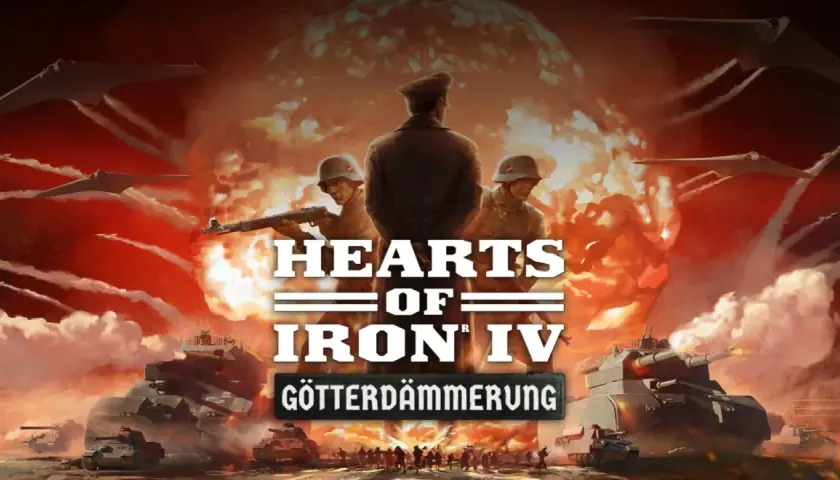 Żołnierze i czołgi w tle wybuchu atomowego, nad nimi latają futurystyczne samoloty. Tytuł gry: Hearts of Iron IV.