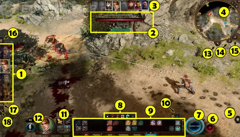 Bitwa w Baldur's Gate: drużyna walczy z gnollami, widać interfejs gry, mapę i menu akcji.