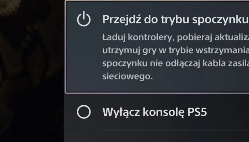Menu zasilania PS5: opcja "Wyłącz konsolę PS5" jest widoczna, co pozwala na zakończenie gry.
