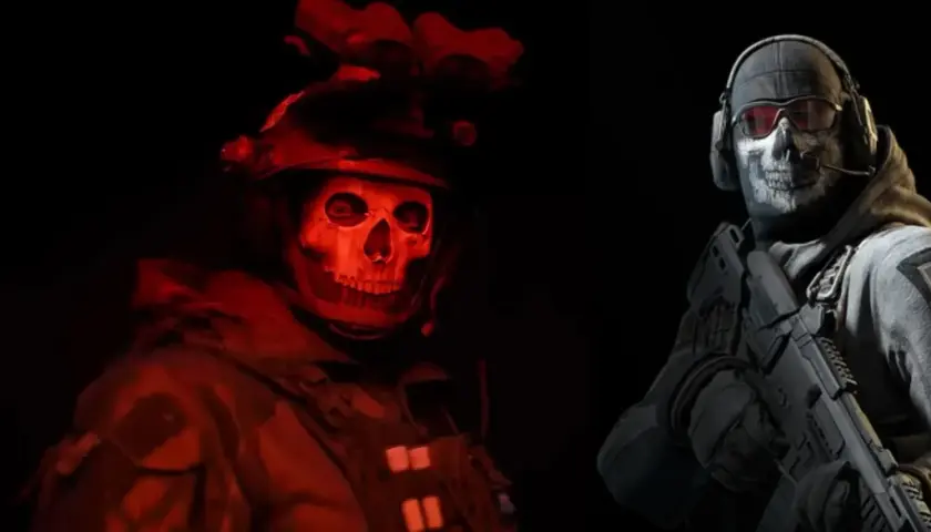 Dwóch żołnierzy z maskami czaszek, jeden w czerwonym świetle, drugi z karabinem. Ikoniczni bohaterowie z gry Call of Duty.